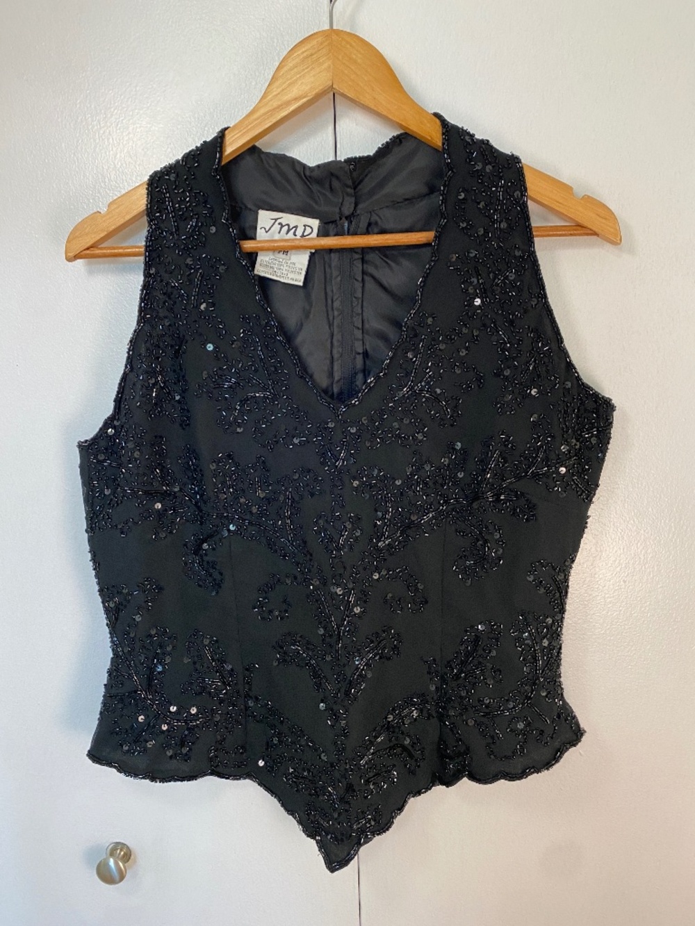 Vintage Black Beaded Sequin Evening Top V-Neck Scalloped JMD New York